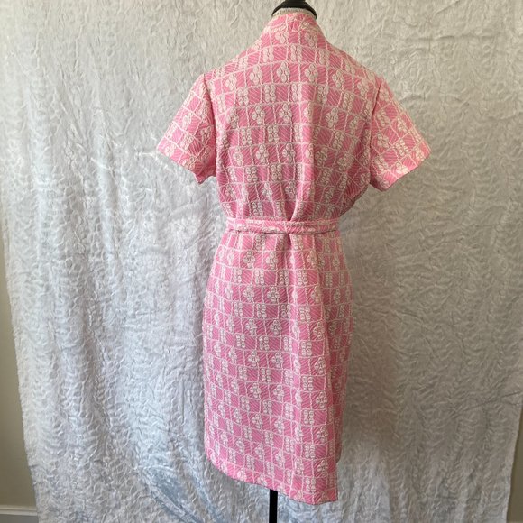 Vintage 60’s Retro Pink & White Floral Circle Pattern Abstract Belted Midi Dress - Picture 6 of 7